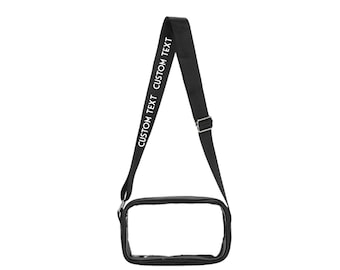 CUSTOM TEXT Strap Clear Crossbody Bag, Business Logo Repeated Merch, Personalized Waterproof Square Bag, Customized Shoulder Strap Text