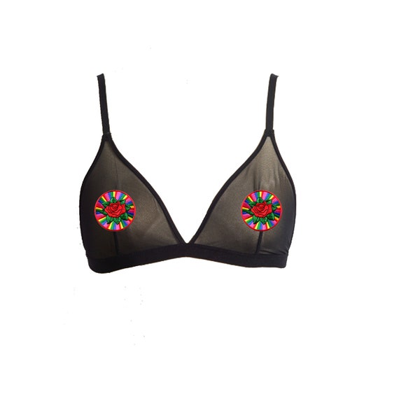 Sheer Mesh Bralette- Rainbow Rose Pasties Black Sheer Bralette- Rainbow  Pride Festival Applique Bra- Fashion Mesh Bralette for Women Teens