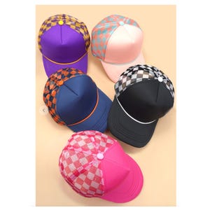 Personalized Checkered Print Two Tone Trucker Hats, Custom Text Check Print Mesh Trucker Hats, Bachelorette Party Favors, Logo, Sports Cap image 2