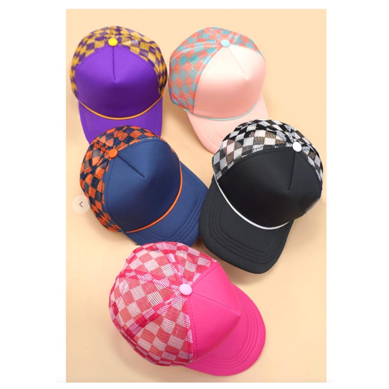 Personalized Checkered Print Two Tone Trucker Hats, Custom Text Check Print Mesh Trucker Hats, Bachelorette Party Favors, Logo, Sports Cap image 2