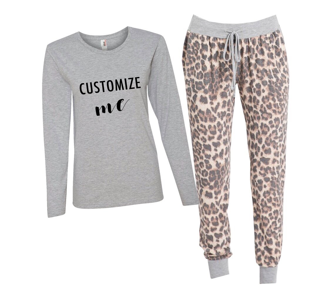 Custom Text Leopard Jogger Set Womens Animal Print Pajama Etsy
