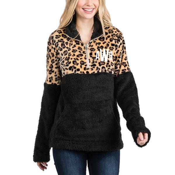 Monogram Sherpa Leopard Pullover, Womens Custom Embroidered Animal Print Half Zip Sweater, Personalized Gift for Her from Mom, Fuzzy