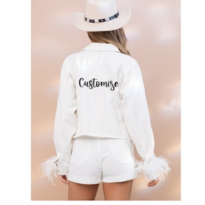 Custom Text White Crop Denim Jacket w Feather Trim, Personalized Wedding Mrs Jacket, Embroidered Twill Fur Cuff Denim Jacket, Bachelorette