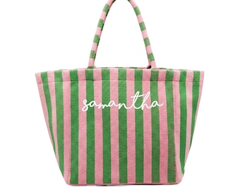 Personalized Large Shoulder Cabana Striped Terry Beach Bags, Custom Name Big Stripe Terry Tote Bag, Bachelorette Party Bags, Business Logo