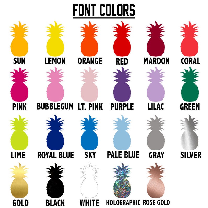 Puede incluir: Un gr&aacute;fico de iconos de pi&ntilde;a que muestra diferentes colores de fuente. Los colores incluyen sol, lim&oacute;n, naranja, rojo, granate, coral, rosa, chicle, rosa claro, morado, lila, verde, lima, azul real, cielo, azul p&aacute;lido, gris, plata, oro, negro, blanco, hologr&aacute;fico y oro rosa.