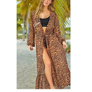Personalized Leopard Long Beach Kimono Cover Up, Bachelorette Party Flowy Animal Print Tie Waist Dress Cover Up, Monogram Vacation Dress