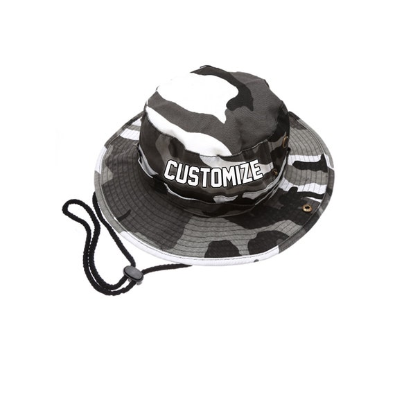 Personalized Grey Black Camo Bucket Hat With Chin Strap, Custom