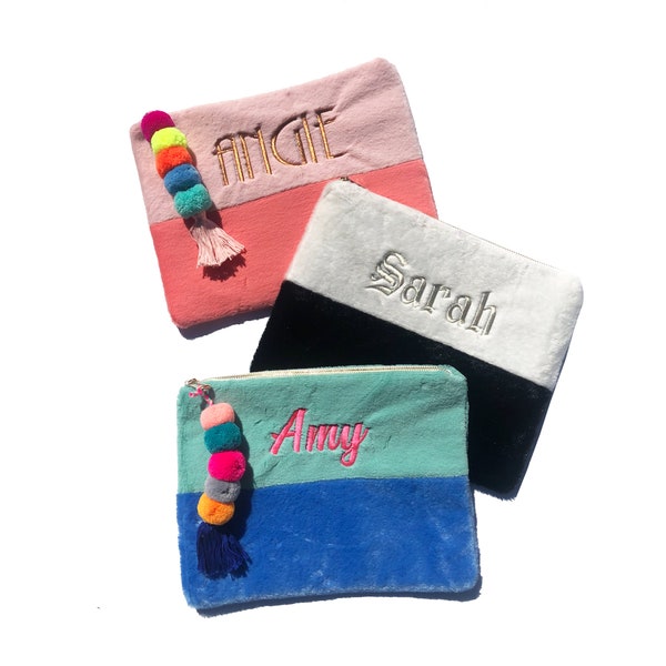 Custom Text Personalize Name or Monogram Fluffy Color Block Large Clutch- Gift for Her- Plush Fleece Soft Faux Fur Clutch Bag- Bachelorette