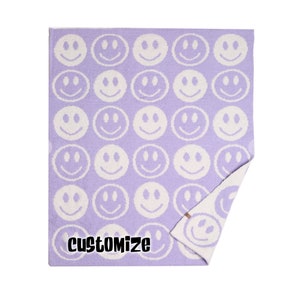 Personalized Adult or Kid Purple Smile Face Blanket, Embroidered Monogram Lilac Luxury Soft Happy Smile Throw Blanket, Baby Shower Gift