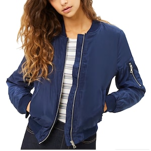 CUSTOM Text Lightweight Navy Blue Satin Long Sleeve Bomber Jacket ...