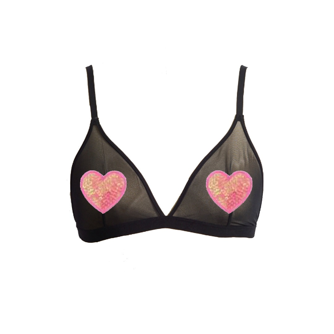 Sheer Mesh Bralette Pink Heart Sequin Pasties Black Sheer Bralette Applique  Bra W Adjustable Straps Fashion Mesh Bralette for Women Teens -  Sweden