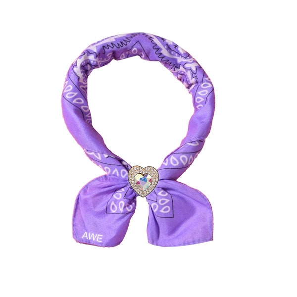 Personalized Purple Paisley Bandana Neck Scarf, Custom Initials Square Neckerchief w Iridescent Heart Gem Brooch, Gift for Her Bachelorette