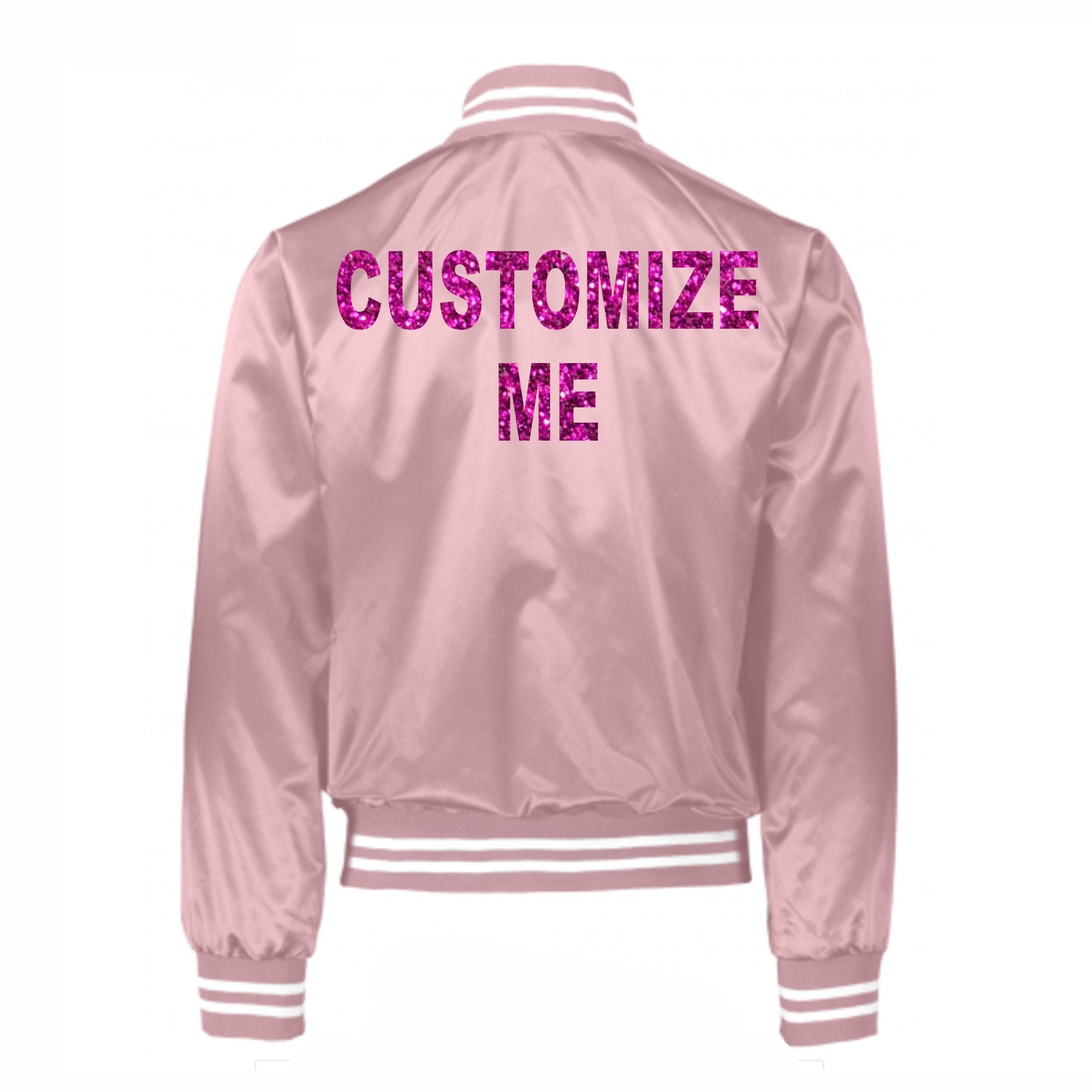 Slagschip Spit specificatie WOMENS CUSTOM Pink Varsity Bomber Jacket With GLITTER Font - Etsy