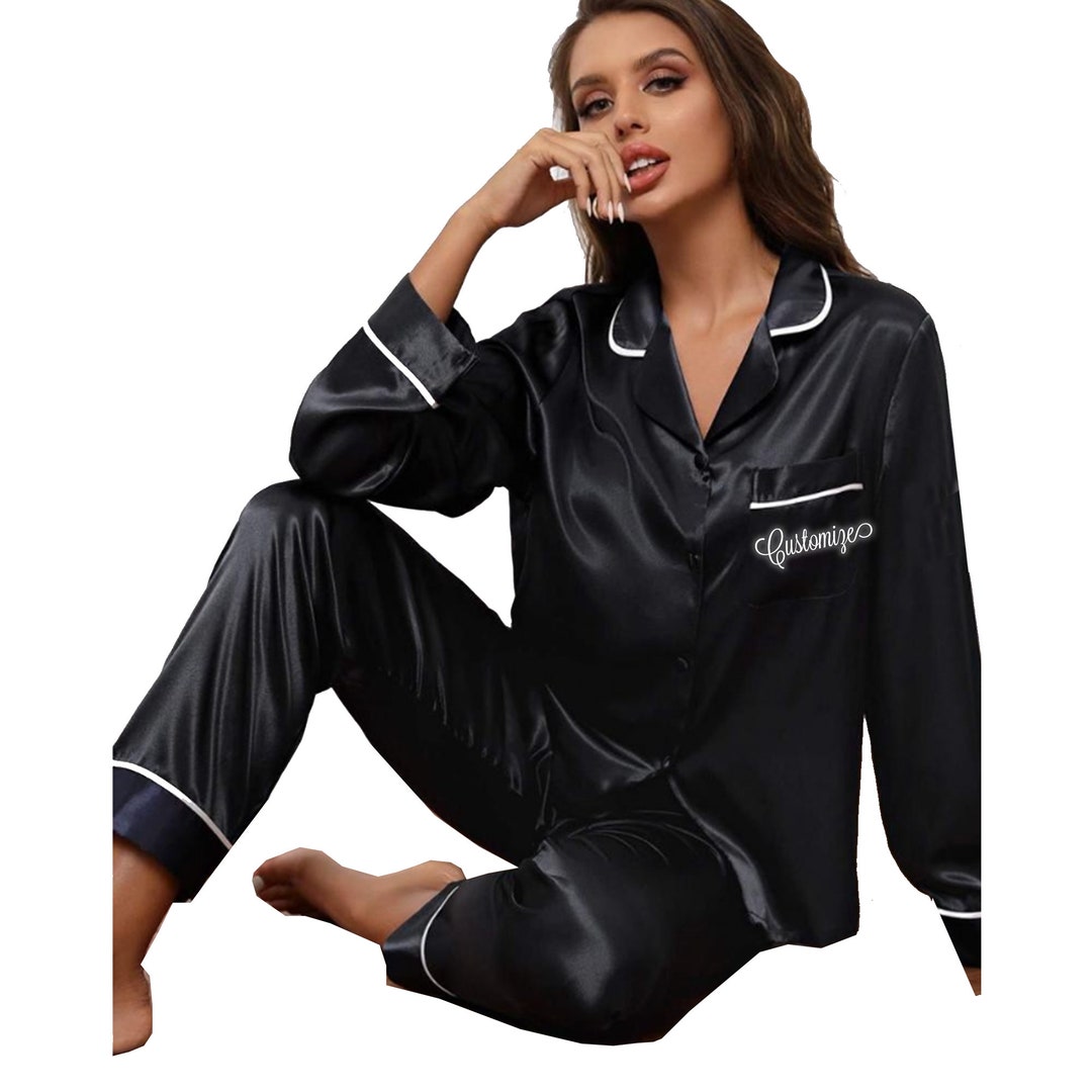 Personalized Satin PJ Set, Monogram Black Satin Pajamas With White ...