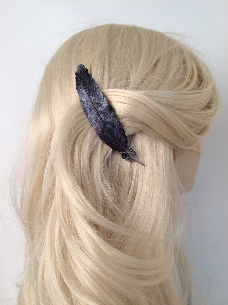 Raven Feather Hair Barrette Black Bird Feather Large Ravens Etsy