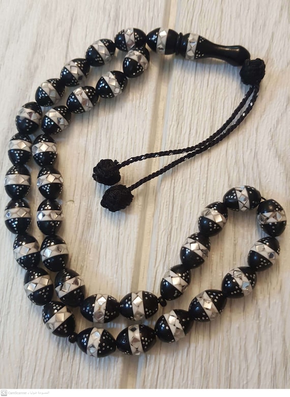 Black Coral Prayer Beads Yusr Rosary Inlaid With Seashell & Etsy