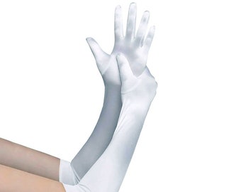 White Satin Stretch Elbow Length 18" Gloves For Wedding, Costume, Party, Evening, Opera, Bridal, Dress Up, Gatsby, 1920's Flapper, Cosplay