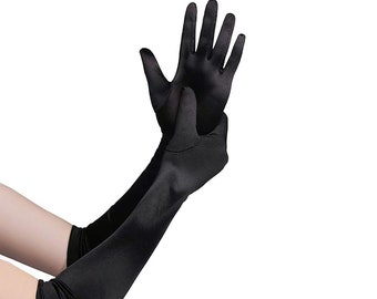 Black Satin Stretch Elbow Length 18" Gloves For Wedding, Costume, Party, Evening, Opera, Bridal, Dress Up, Gatsby, 1920's Flapper, Cosplay