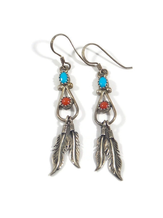 Sterling Silver Turquoise & Coral Feather Dangle E