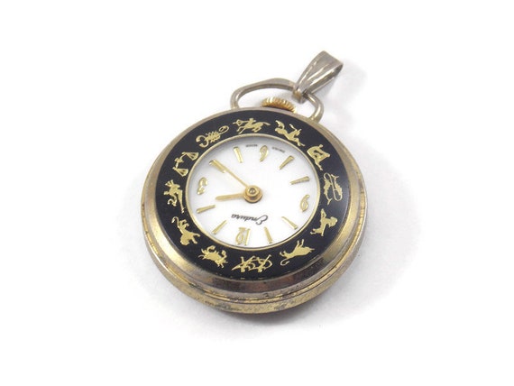 Endura Two Tone Black Enamel Zodiac Pocket Watch,