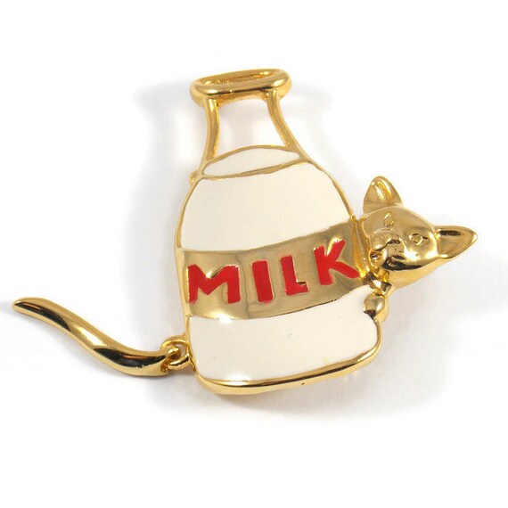 Jewelry Vintage 60's Gold Plated Milk bottle with Cat Hand painted Enamel 