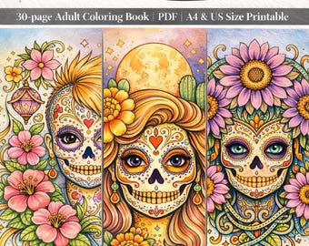 Sugar Skull Målarbok – Dia de los Muertos Utskrivbar för vuxna