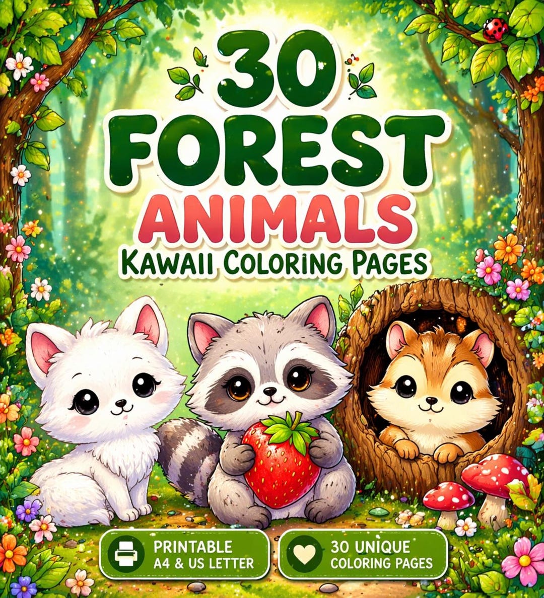 30 Kawaii Forest Animals Coloring Pages | Cute Woodland Animals PDF for ...