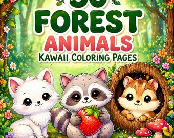 30 kawaii målarbilder med skogsdjur | Söta skogsdjur i PDF-format för barn och vuxna | Avslappnande och stresslindring utskrivbar (A4 och US Letter)