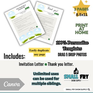 Plantilla de cartas de invitación y agradecimiento para la feria del condado y la venta de ganado de 4H / Plantilla de Canva editable / Plantilla de 8,5"x11"