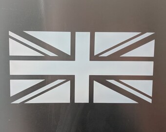 May include: A white Union Jack flag sticker on a gray background.