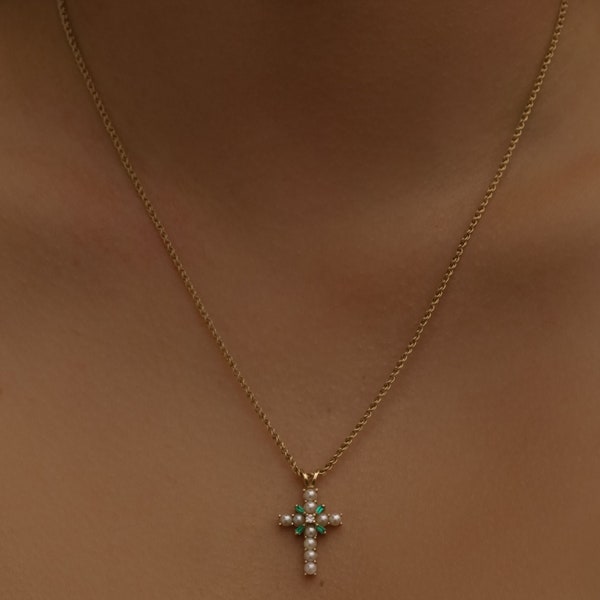 Vintage Pearl, Diamond, and Lab Emerald Cross Charm 14k