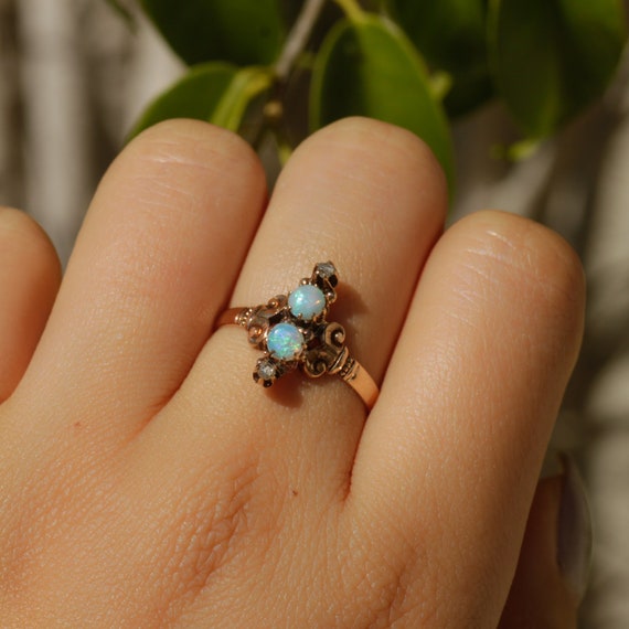 Antique Victorian Double Opal and Diamond Ring 14… - image 1