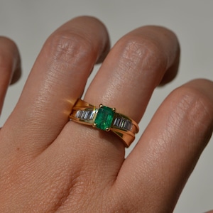14k vintage baguettering met smaragd en diamant, maat 6