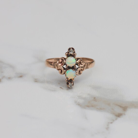 Antique Victorian Double Opal and Diamond Ring 14… - image 2