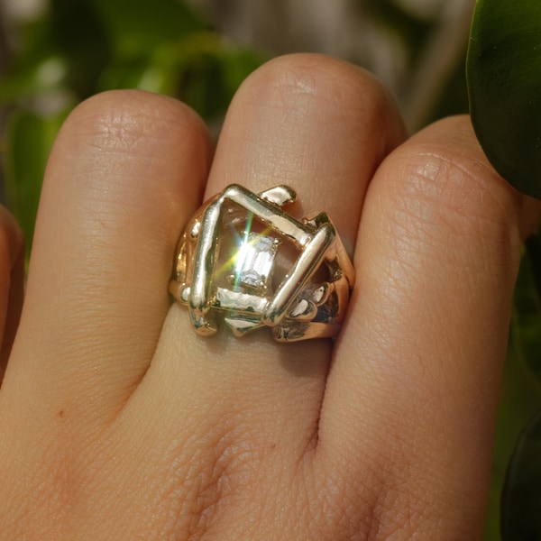 Vintage Mid-Century Smaragdschliff Diamant Modernist Ring 14k Gold Sz 6