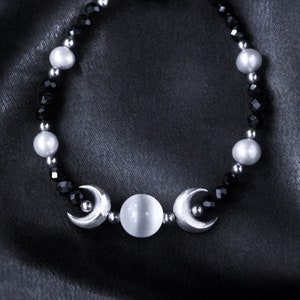 Crescent Moon ‘Artemis Beaded Bracelet’ Sterling Silver, Dark, Gothic, Witchy, Pagan, Occult Jewelry
