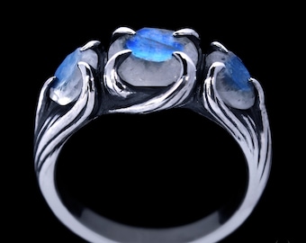 Three Stone ‘Triple Goddess Ring&#39; Sterling Silver, Dark, Gothic, Witchy, Pagan, Occult Jewelry