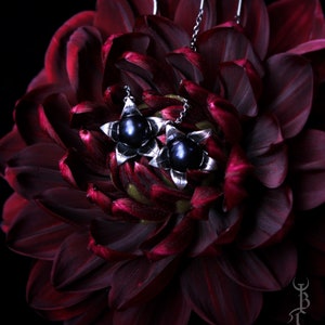May include: A pair of silver earrings with a star-shaped design and black pearl accents. The earrings are displayed against a backdrop of a dark red flower.