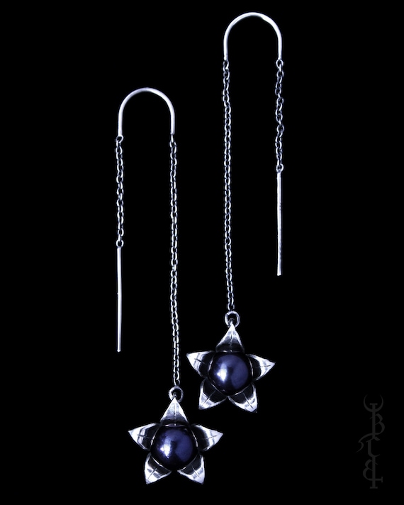 Black Pearl Threader Earrings ‘Belladonna' Nightshade, Poisonous Plants, Witchy, Pagan, Occult Jewelry