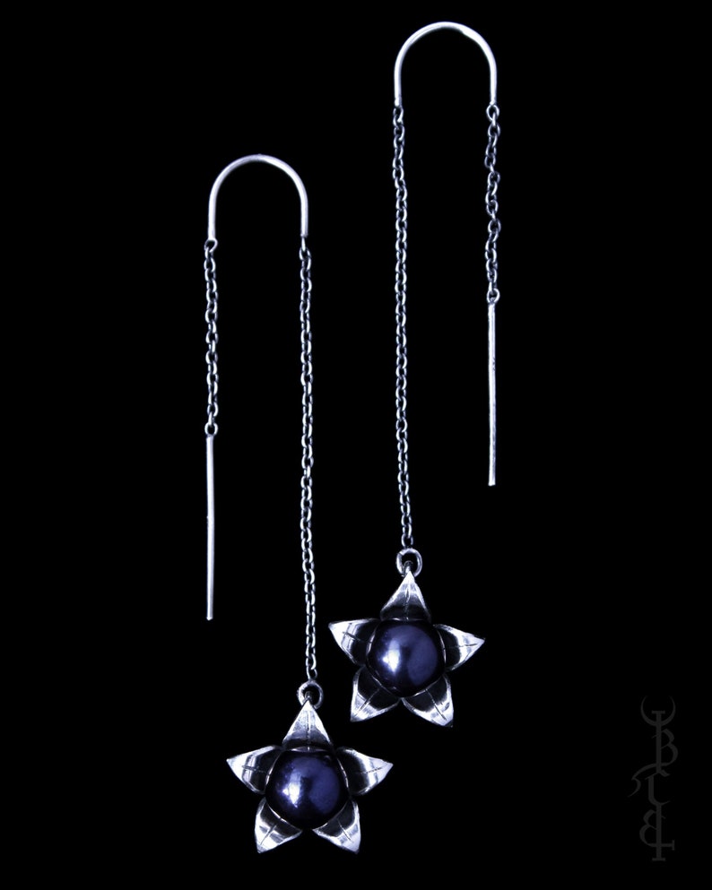 Black Pearl Threader Earrings ‘Belladonna' Nightshade, Poisonous Plants, Witchy, Pagan, Occult Jewelry image 1