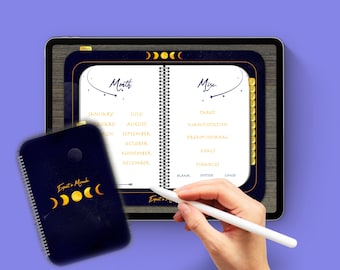 May include: A digital planner app on a tablet screen with a blue and gold design. The app has two sections: "Month" and "Misc." The "Month" section lists the months of the year. The "Misc." section lists categories for journaling, such as "Tarot", "Manifestation", and "Dream Journal".