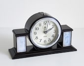 antique 1930s Jaz mantle clock in bakelite, reveil art deco alarm table desk clock with Lalique inspired glass panels, french nouveau style