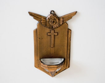 antique 1930s holy water font wall benitier, sacred water stoup in solid copper, religious, art deco, Belgium Catholic Christian memorabilia