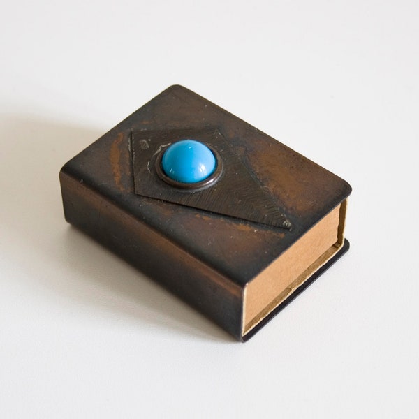 antique 1920s pocket matchbox holder, Amsterdamse School, copper match box holder, Arts & Crafts, safety matches, decorated with blue stone