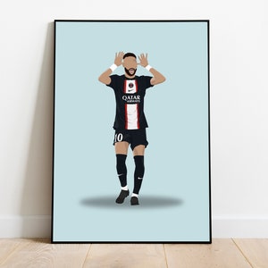 May include: A framed art print featuring a stylized illustration of a soccer player in a black and white jersey with the word "Qatar Airways" on the front. The player is in a celebratory pose with arms raised, set against a light blue background.