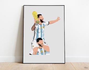 May include: A digital illustration of two soccer players in blue and white striped jerseys celebrating with the World Cup trophy. The player in the front is holding the trophy above his head, while the player behind him is standing on his shoulders.