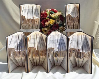 Wedding reception table decoration Chapter one to ten, Tables 1 to 10 wedding day decor, book shelf