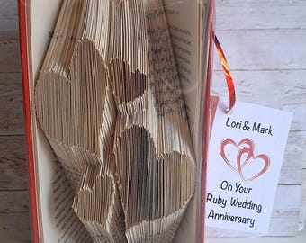 Hearts Book Fold Art, Paper Anniversary Gift, Couples Wedding Or Anniversary Gift, Personalised Gift Tag And Complimentary Gift Wrapping