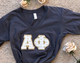 ΑΦ - Size S - Alpha Phi Greek Stitched Lettered American Apparel V-neck T-shirt - ONLY 1 in stock