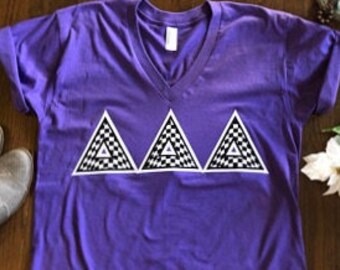 ΔΔΔ - -Checkered Flag Satin Stitched Letter V Neck t shirt  - Size M - Sample - ready to ship